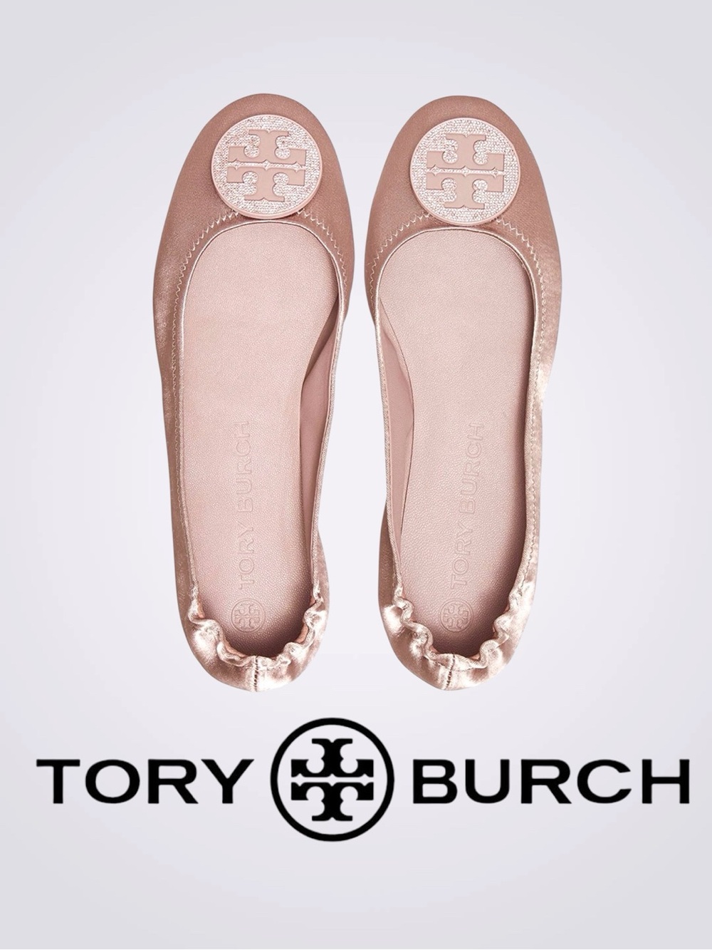 Tory Burch • Minnie Satin Travel Ballet Flats w/ Sparkly Pavé Logo || Size 7.5